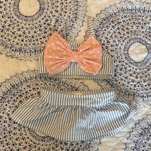 Ruffle Butts Blue & Pink Striped Girls Swim Bikini with Polka Dot Bow